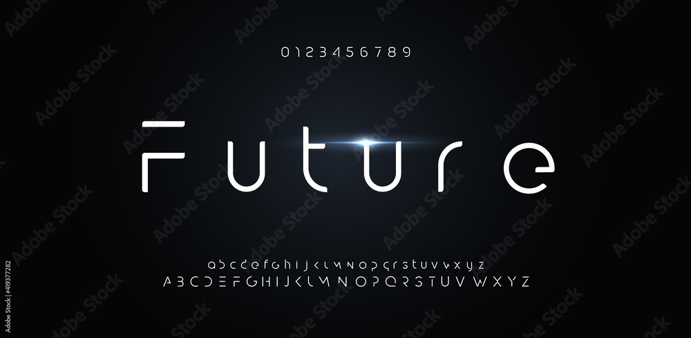 Poster Futuristic font, alphabet of future for modern technology logo. Minimalist letters design for hud, digital space and ai element. Vector robot typography