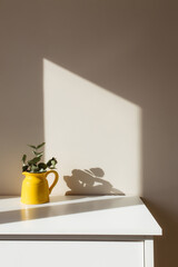 Yellow ceramic jug or vase with eucalyptus branches, empty white photo frames