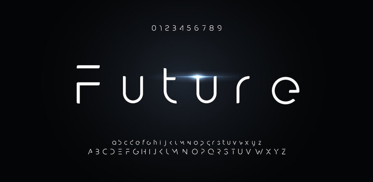 Futuristic font, alphabet of future for modern technology logo. Minimalist letters design for hud, digital space and ai element. Vector robot typography