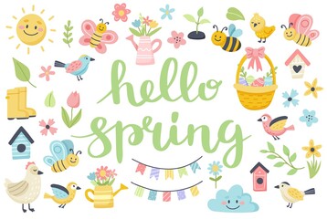 Hello spring lettering with cute birds, bees, flowers, butterflies. Hand drawn flat cartoon elements. Vector illustration