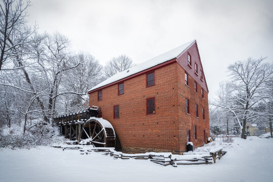 A winter scene at the Colvin Run Mill Park in Great Falls, Virginia. 