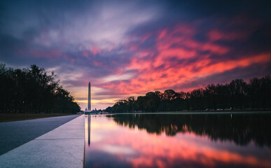 Sunrise in Washington DC along the Reflecting Pool next to the Lincoln Memorial.