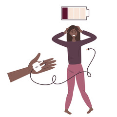 The concept of helping with depression. Black African Girl with low batteries, lost strength, hand offers charging, support when tired. Vector illustration in a flat linear style