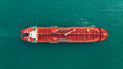 Aerial Top view of oil tanker ship sailing on open sea. Crude oil tanker lpg ngv at industrial...
