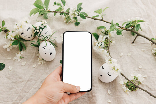 Hand holding phone with blank screen on background of easter eggs with cute faces in floral wreaths
