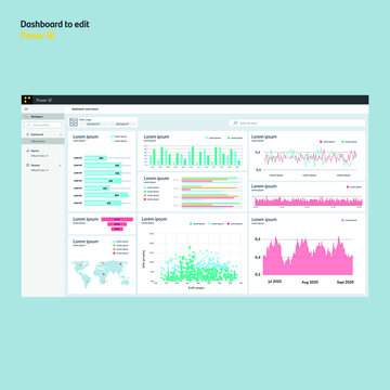 Dashboard with bars. Power bi analysis. Report. EPS10.eps