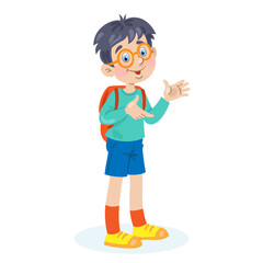 Funny boy with a red backpack and in glasses. In cartoon style. Isolated on white background. Vector illustration.