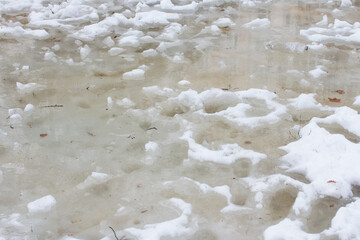 Fototapeta na wymiar Honing years. Spring thaw puddles on the road
