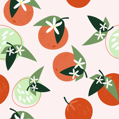Seamless pattern of orange tangerines with branches, flowers and leaves on a light background. Abstract citrus fruits for textiles, wallpaper, posters, prints. Vector graphics.