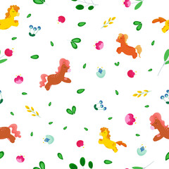 Seamless childrens background with fairy ponies, flowers and leaves. Vector illustration