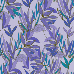 Seamless pattern with plants and leaves in blue and purple colours