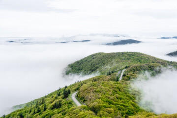 A cloud inversion created islands of mountain tops in Shenandoah National Park with Skyline Drive seen below.