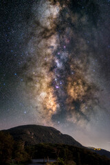 The late Summer Milky Way glowing right over top the summit of Stony Man Mountain in Shenandoah National Park, taken with a 45mm lens.