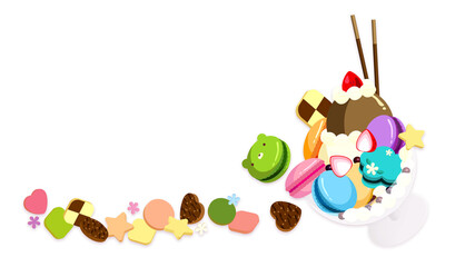 カップに入ったカラフルなマカロンとアイスクリームにクッキーを添えて｜Colorful macaroons and ice cream in a cup with cookies