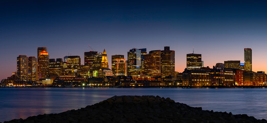 Night Cityscape Boston Skyline and Sea Reflections from LoPresti Park over Mystic River in Boston,...