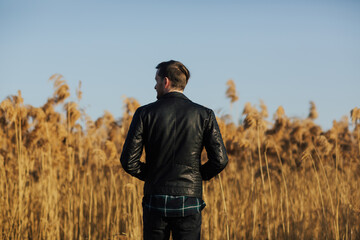 Back view of man in a black leather jacket stands against a background of fluffy reeds and blue sky on a sunny day. Beautiful natural background.