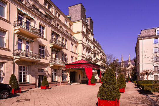 The entrance of Brenners Parkhotel at the river Oos, spa park and arboretum at the Lichtentaler Allee in Baden-Baden. Baden Wuerttemberg, Germany, Europe