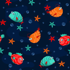 Naklejka na ściany i meble Bright seamless pattern of cartoon fish on a dark blue background with bubbles, funny inhabitants of the underwater depths. Cute vector illustration for wallpaper, wrapping paper, textile. 