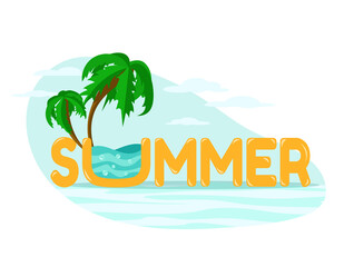 Abstract inscription summer is decorated with palm trees in the background and the sea. Concept for recreation, tourism. Bright modern vector illustration in flat style isolated on white
