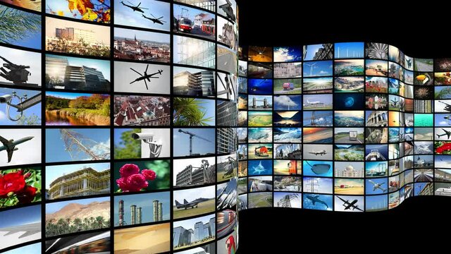 Wall of screens, many images - great for topics like broadcasting tv channels or movies over the Internet, communication, entertainment etc - loopable digital animation - 4K animation (3840x2160 px)