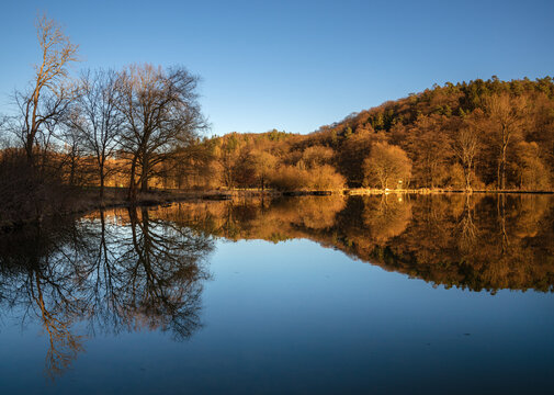 Beautiful view of trees reflected in the lake in Lindlar, Bergisches Land, Germany