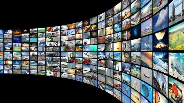 Wall of screens, many images - great for topics like broadcasting tv channels or movies over the Internet, communication, entertainment etc - loopable digital animation - 4K animation (3840x2160 px)