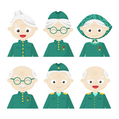 Vector illustration of grandparents. Labor veterans, Victory Day - May 9. Peace, labor, May. Memorial Day for Servicemen. February 23. Defender of the Fatherland Day. Elderly soldiers. Designed for
