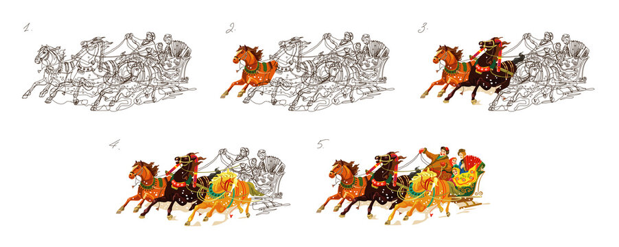 Image of a Russian troika of horses. The finished drawing from a graphic image to a color illustration is the process of creation.