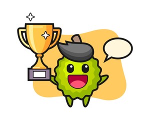 Durian cartoon happy holding up the golden trophy