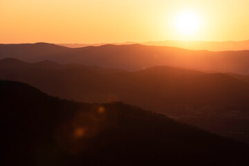 A golden sunset over the Appalachian Mountains in Shenandoah National Park.