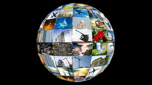 Sphere with many images, screens - great for topics like broadcasting tv channels or movies over the Internet, entertainment etc - loopable digital animation - 4K animation (3840x2160px), 3D rendering