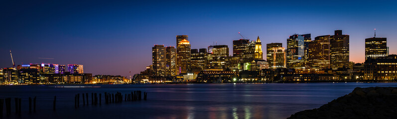 Panoramic Night Cityscape Boston Skyline and Sea Reflections from LoPresti Park in Boston, Massachusetts