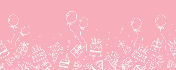 Foto op Plexiglas Fun hand drawn party seamless background with cakes, gift boxes, balloons and party decoration. Great for birthday parties, textiles, banners, wallpapers, wrapping - vector design © TALVA