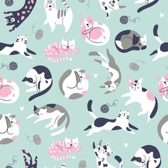 Fototapeta premium Seamless pattern with funny cats. Creative childish texture in Scandinavian style. Great for fabric, textile Vector Illustration