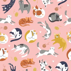 Seamless pattern with funny cats. Creative childish texture in Scandinavian style. Great for fabric, textile Vector Illustration