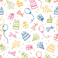 Fun hand drawn party seamless background with cakes, gift boxes, balloons and party decoration. Great for birthday parties, textiles, banners, wallpapers, wrapping - vector design