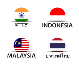 India, Indonesia, Malaysia and Thailand. Set of four Indian, Indonesian, Malaysian and Thai stickers. Simple icons with flags isolated on a white background