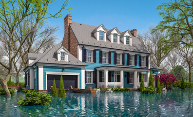 3d rendering of classic house in colonial style in spring water cataclysm. House is experiencing a devastating flood. General evacuation is underway