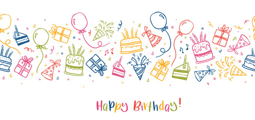 Fun hand drawn party seamless background with cakes, gift boxes, balloons and party decoration. Great for birthday parties, textiles, banners, wallpapers, wrapping - vector design