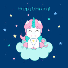 Fototapeta na wymiar Happy birthday my little unicorn - Lovely little unicorn on the cloud - Blue background - Suitable for decorations, party invitations or greeting cards