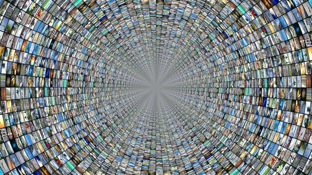 Tunnel with many images - great for topics like broadcasting, Internet connection, entertainment etc - loopable digital animation - 4K animation (3840x2160 px), 3D rendering.