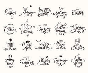Happy Easter, springtime handwritten lettering, cute spring symbols. Modern brush calligraphy, design elements for greeting card, invitation, banner, poster, flyer templates. Isolated vector set.