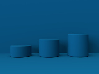 Mockup geometric shape cylinder mat podium on dark blue background. 3D render of advertising template space for product in minimalist style. Display case empty showcase.