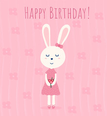 Happy birthday greeting card with Cute bunny girl in pink dress with flowers. on patterned pink background. Vector