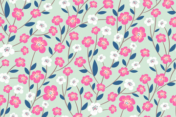 Beautiful seamless floral pattern with spring cherry blossoms (sakura branches). Floral print in a delicate trendy color palette. Oriental botanical design for wallpaper, fabrics, tiles...  Vector - 419387288