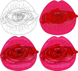 Realistic bright pink lips and red rose flower sketch template set. Colorful graphic cartoon vector illustration in color and black and white for game, pattern, decor. Coloring paper, page, story book