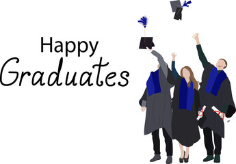 A group of happy graduates in an academic gown and a graduation cap. Boys and girls celebrate their university graduation. Flat cartoon vector illustration.