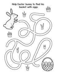 Help cute bunny to get his basket with eggs. Easter maze game for kids. Black and white spring activity page. Easter rabbit labyrinth puzzle. Vector illustration