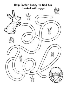 Help cute bunny to get his basket with eggs. Easter maze game for kids. Black and white spring activity page. Easter rabbit labyrinth puzzle. Vector illustration