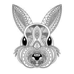 Rabbit head coloring book illustration. Black and white lines. Print for t-shirts and coloring books.